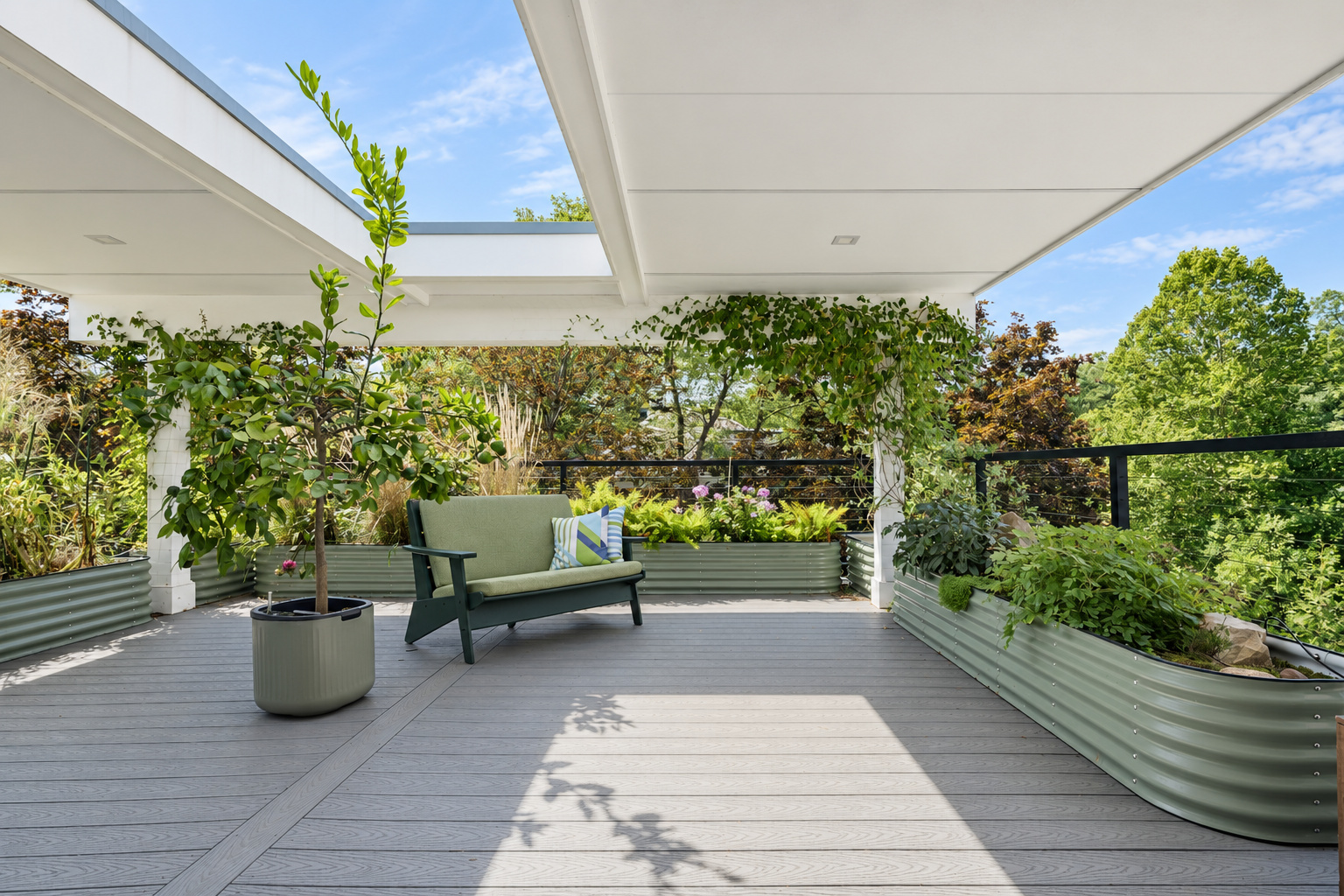 Covered balcony with cable railings at 286 Hartshorn Drive, Short Hills